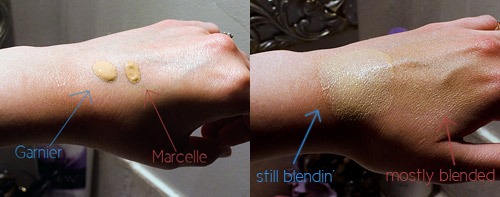 OK, so they're both not great, and a little orange. But the left one takes 100 years to blend, and I can assure you Marcelle looks less orange when blended with both hands.