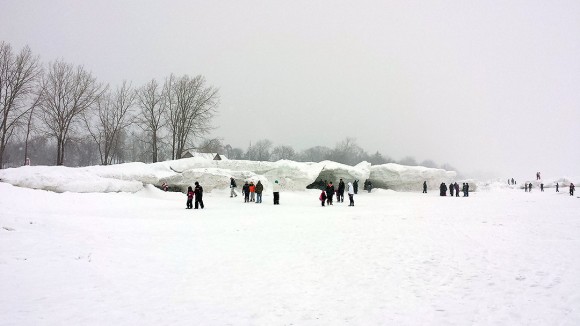 long view of Crystal Beach shove ice on Lake Erie 2014