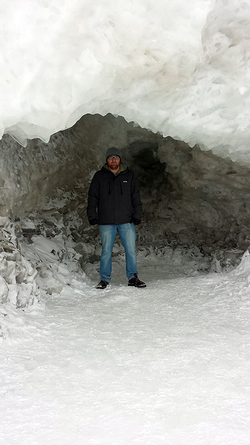 Inside an ice cave. Miklos and shove ice at Crystal Beach on Lake Erie 2014